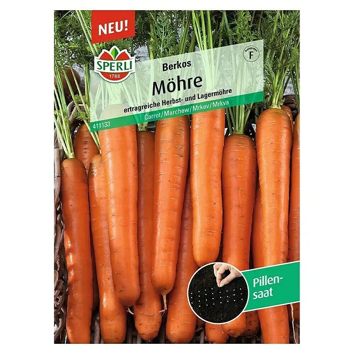 Sperli Gemüsesamen Möhren Berkos - Daucus carota, Saatzeit: März, Erntezeit: August - Karotten-Saatgutpackung 'Berkos Möhre' von Sperli, ertragreiche Herbst- und Lagermöhre. Ideal für den Anbau im Garten.