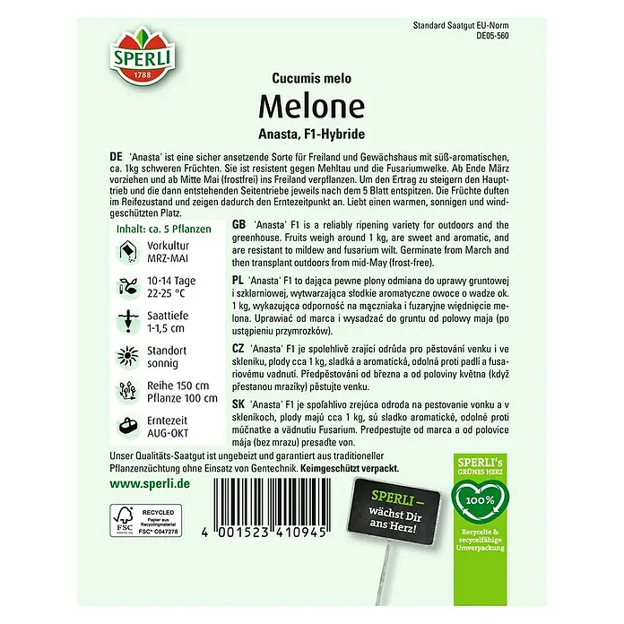 Sperli Obstsamen Zuckermelone - Cucumis melo 'Anasta', Erntezeit: August - Melonen-Saatgut 'Anasta F1-Hybride' von Sperli: Süße, aromatische Früchte für Freiland/Gewächshaus, resistent gegen Mehltau/Fusarium.