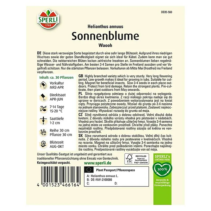 Sperli Blumensamen Sonnenblumen Waooh - Helianthus annuus, Gelb, Saatzeit: März, Blütezeit: August - SPERLI Sonnenblume 'Waooh' Samenpackung.