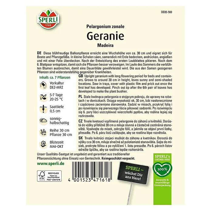 Sperli Blumensamen Geranie Madeira - Pelargonium zonale, Rot - Bild einer SPERLI-Samentüte mit Pelargonien der Sorte ‚Madeira‘. Geeignet für Beete und Pflanzgefäße mit langer Blütezeit von Mai bis Oktober.