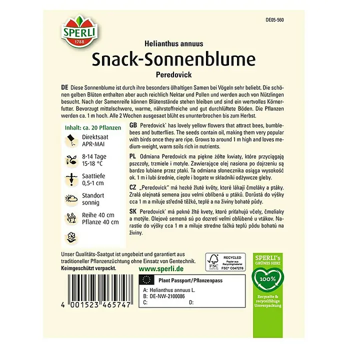 Sperli Blumensamen Sonnenblume Peredovick - Helianthus annuus 'Peredovick', Gelb - SPERLI Snack-Sonnenblume 'Peredovick' Samenpackung. Beliebt bei Vögeln, ideal für mittelschwere, warme, nährstoffreiche Böden.