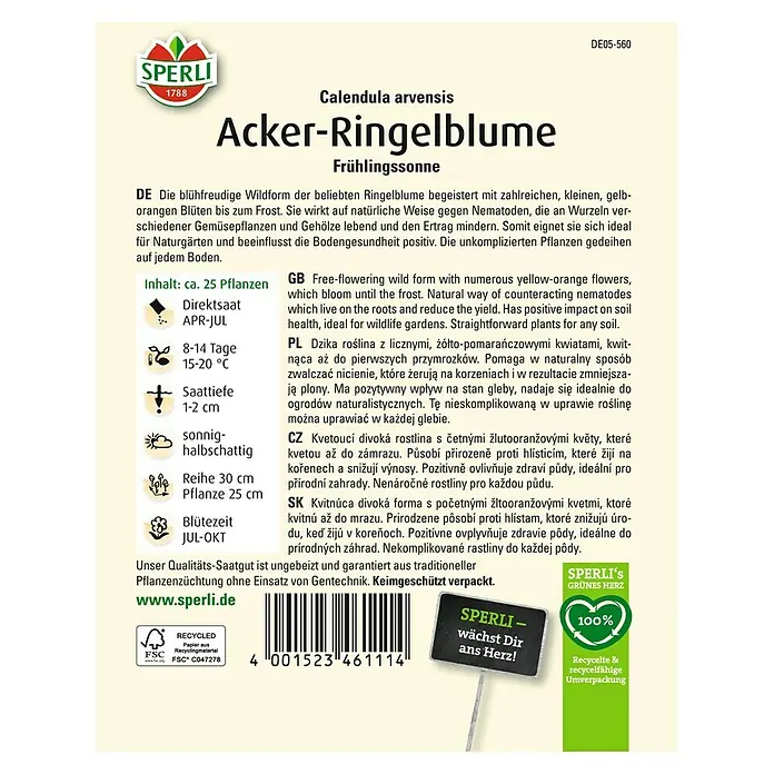 Sperli Blumensamen Acker-Ringelblumen - Calendula arvensis, Gelb, Saatzeit: April, Blütezeit: Juli - SPERLI Acker-Ringelblume: Wildform mit gelb-orangen Blüten, die Nematoden reduziert und die Bodengesundheit fördert. Ideal für Naturgärten.