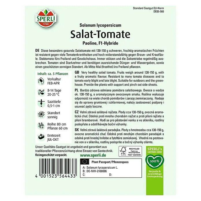 Sperli Gemüsesamen Salattomaten - Solanum lycopersicum, Saatzeit: Februar, Erntezeit: Juli - SPERLI Salat-Tomate Paoline F1-Hybride: Resistent, aromatisch und ideal für Freiland/Gewächshaus. Ein Starkzehrer für sonnige Standorte.