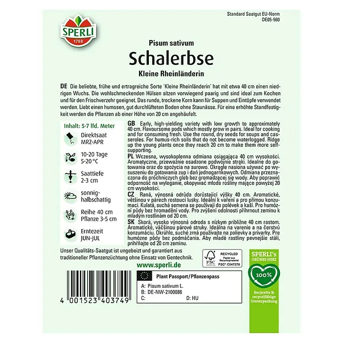 Sperli Gemüsesamen Schalerbse Kleine Rheinländerin - Pisum sativum 'Kleine Rheinländerin', Erntezeit: Juni - Abbildung einer Samenpackung für 'Schalerbse Kleine Rheinländerin', eine frühe, ertragreiche Sorte für den Frischverzehr.