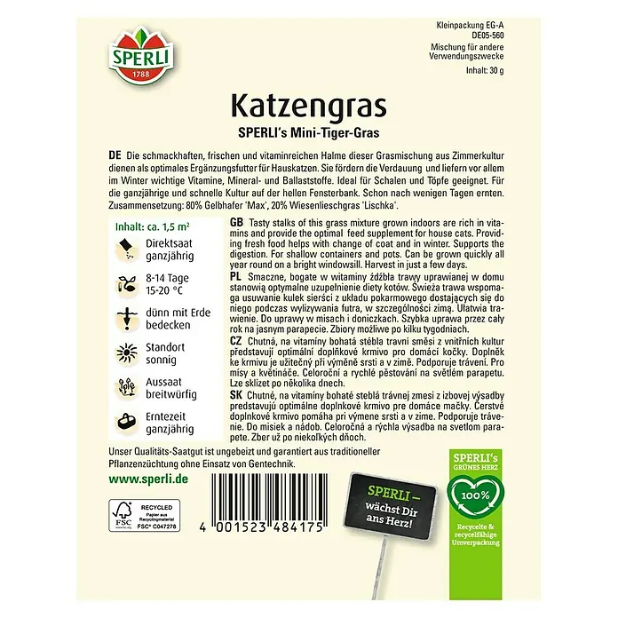 Sperli Saatgut Katzengras - Mischung, Saatzeit: Ganzjährig, Erntezeit: Ganzjährig, 1,5 m² - SPERLI Katzengras Mini-Tiger-Gras Packung: Schmackhaftes, vitaminreiches Ergänzungsfutter für Hauskatzen, ideal für die Fensterbank.