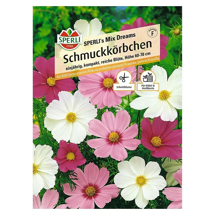 Sperli Blumensamen Schmuckkörbchen - Cosmos bipinnatus, Mehrfarbig, Saatzeit: März, Blütezeit: Juli - SPERLI's Mix Dreams Schmuckkörbchen: Einjährig, kompakt mit reicher Blüte. Ideal für Kübel und Hochbeete. Höhe 60-70 cm.