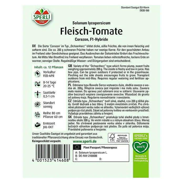 Sperli Gemüsesamen Fleischtomaten Ochsenherz - Solanum lycopersicum, Saatzeit: Februar, Erntezeit: Juli - SPERLI Fleisch-Tomate 'Corazon', eine F1-Hybride mit fleischigen, süßen Früchten. Ideal für Freiland und Gewächshaus.