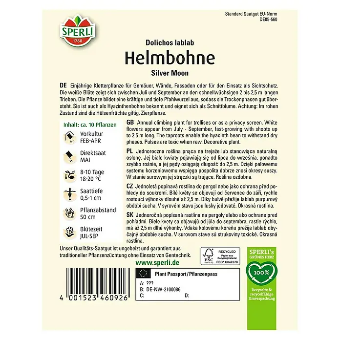Sperli Blumensamen Helmbohne Silver Moon - Dolichos Lablab, Weiß - Bild einer Samenpackung für Helmbohne Silver Moon, eine einjährige Kletterpflanze mit weißen Blüten.