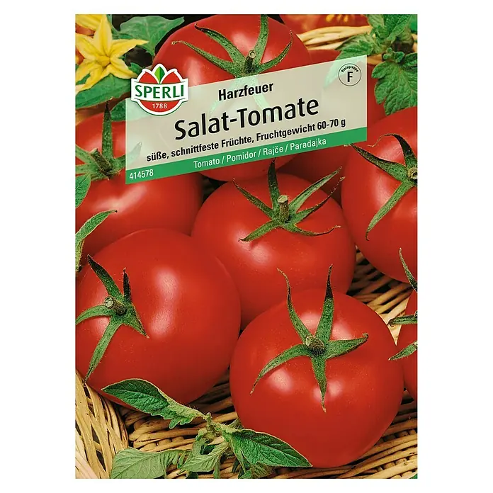 Sperli Gemüsesamen Salat-Tomaten - Solanum lycopersicum, Saatzeit: Februar, Erntezeit: Juli - Abbildung der Samenkapsel von Sperli Harzfeuer Salat-Tomaten mit süßen, schnittfesten Früchten und einem Fruchtgewicht von 60-70g.