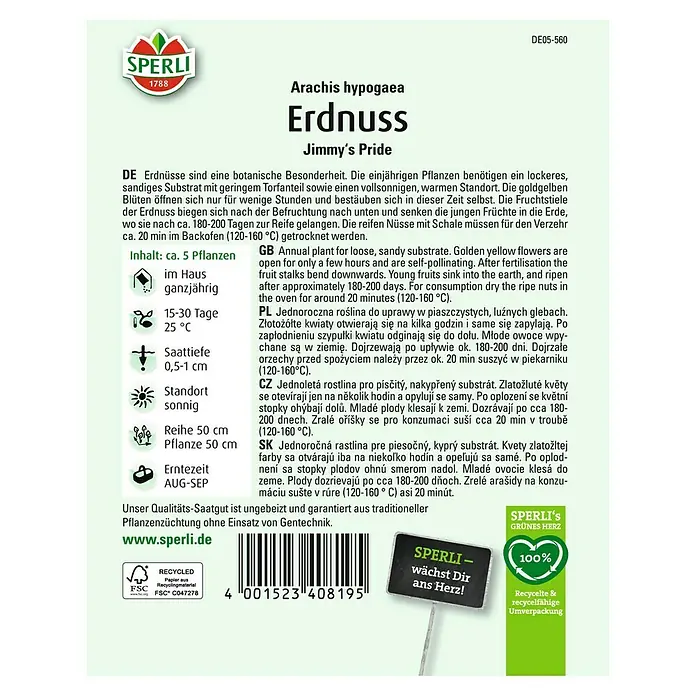 Sperli Gemüsesamen Erdnuss - Arachis hypogaea, Saatzeit: Ganzjährig, Erntezeit: August - Samenpackung für Erdnüsse der Sorte Jimmy's Pride von Sperli, ideal für den Anbau im eigenen Garten oder zu Hause.