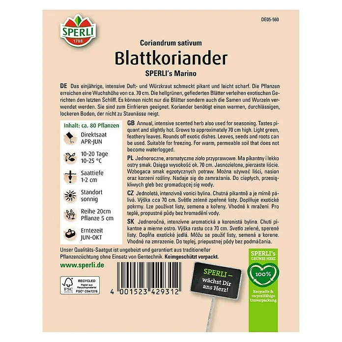 Sperli Gemüsesamen Blattkoriander - Coriandrum sativum, Saatzeit: April, Erntezeit: Juni - SPERLI's Blattkoriander 'Marino': Einjähriges, aromatisches Küchenkraut mit pikantem Geschmack und hellgrünen, gefiederten Blättern für exotische Gerichte.