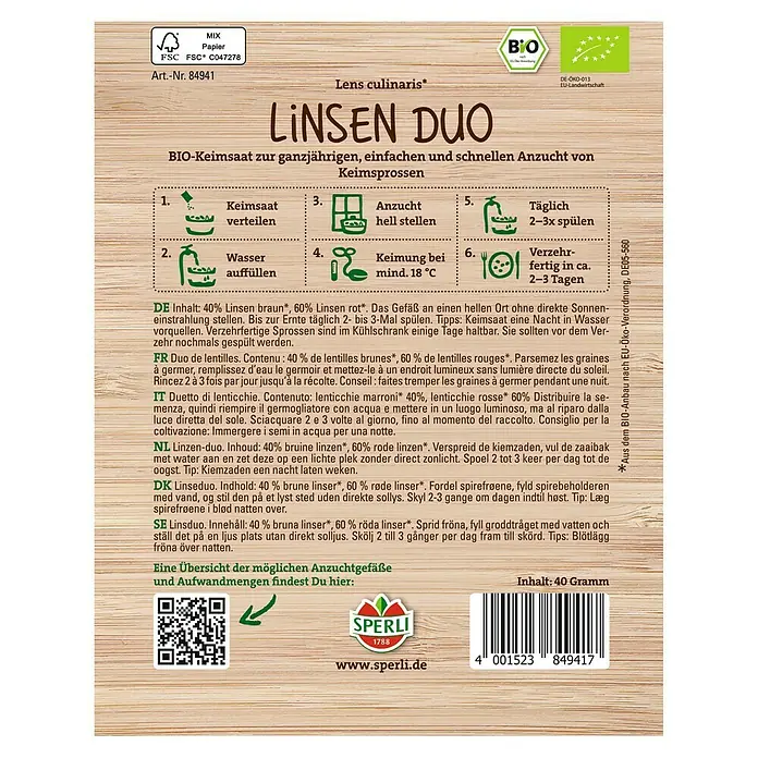 Sperli Saatgut Keimsprossen - Linsen Duo (Lens culinaris) - Abbildung einer Packung Linsen Duo Keimsaat von Sperli, Bio-Keimsaat für die Anzucht von Keimsprossen.