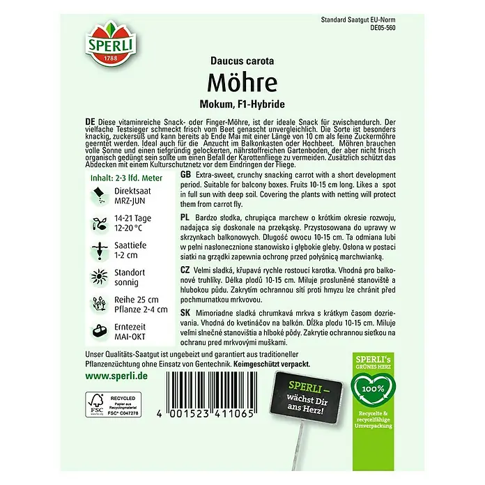 Sperli Gemüsesamen Möhre Mokum - Daucus carota 'Mokum', Erntezeit: Mai - SPERLI Möhre 'Mokum, F1-Hybride' Saatgutpackung. Vitaminreicher Snack für Balkon und Garten, ertragreich und keimgeschützt verpackt.