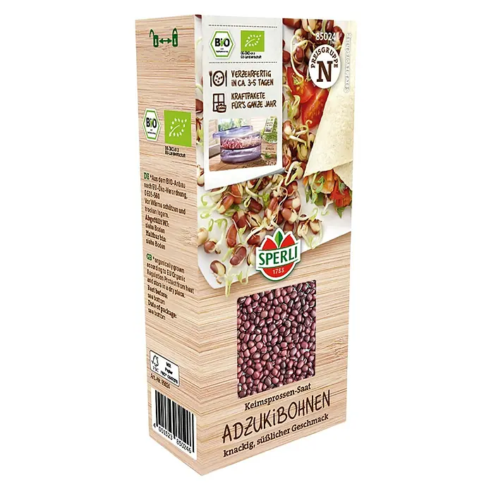 Sperli Saatgut Keimsprossen - Adzukibohne (Vigna angularis) - Eine Packung Adzukibohnen-Keimsprossen-Saat von Sperli mit der Aufschrift "knackig, süßlicher Geschmack".
