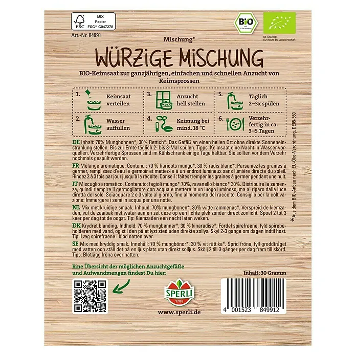 Sperli Saatgut Keimsprossen - Würzige Mischung - Würzige Mischung Keimsaat: Anleitung zur Anzucht von Keimsprossen mit Mengenangabe und QR-Code zu Sperli.de.
