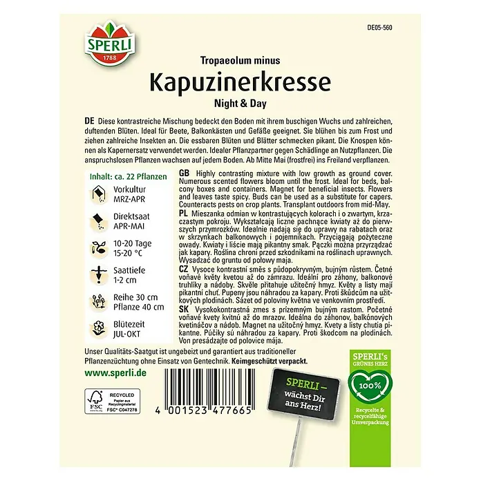 Sperli Gemüsesamen Kapuzinerkresse - Tropaeolum minus, Saatzeit: März - Samenpackung Kapuzinerkresse 'Night & Day' von Sperli. Kontrastreiche Mischung mit duftenden Blüten, ideal für Beet und Balkon.