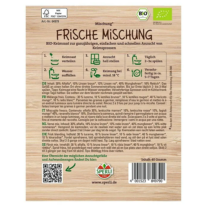Sperli Saatgut Keimsprossen - Frische Mischung - 40g - Bild einer Samenmischungspackung von Sperli, die "Frische Mischung" für Sprossenanbau enthält.