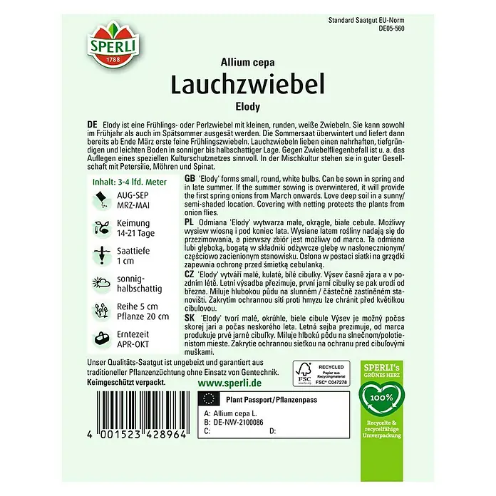 Sperli Gemüsesamen Lauchzwiebel Elody - Allium cepa, Erntezeit: April - Samenpackung für Lauchzwiebel 'Elody', eine frühe, runde, weiße Zwiebelsorte für sonnige Standorte.