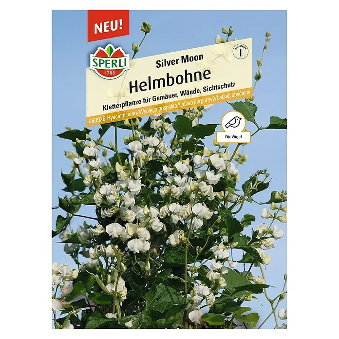 Sperli Blumensamen Helmbohne Silver Moon - Dolichos Lablab, Weiß - Produktverpackung der Silver Moon Helmbohne von Sperli, einer Kletterpflanze für Mauern und Wände mit weißen Blüten.