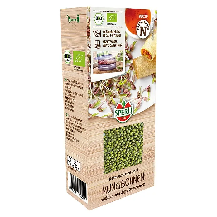 Sperli Saatgut Keimsprossen - Mungbohnen (Vigna radiata) - Bild einer Packung Mungobohnen-Keimsprossen-Saat von Sperli mit der Aufschrift „süßlich-nussiger Geschmack“.