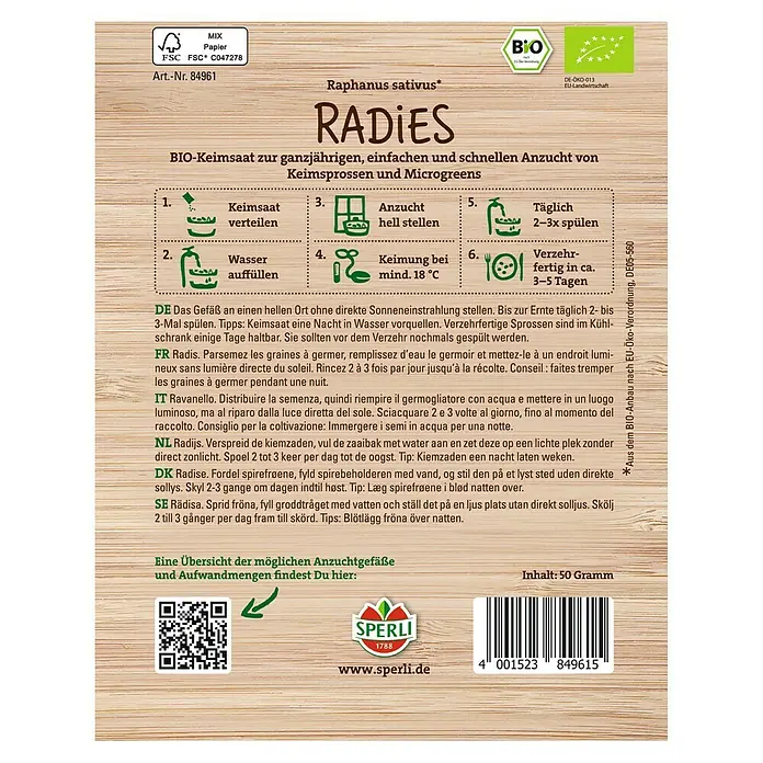 Sperli Saatgut Keimsprossen - Radies (Raphanus sativus) - Radieschen-Samenpackung für den Anbau von Sprossen und Microgreens zu Hause.
