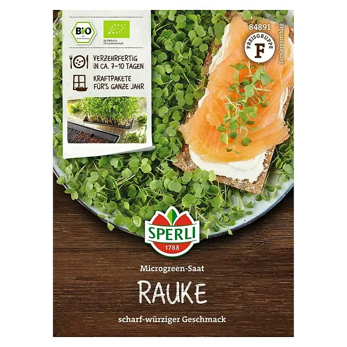 Sperli Saatgut Keimsprossen - Rauke (Eruca sativa) - Abbildung von Sperli Rauke Microgreen-Saat, verzehrfertig in 7-10 Tagen, ideal für den Anbau zu Hause.