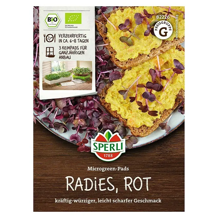Sperli Saatgut Keimsprossen - Radies Pads (Raphanus sativus) - Produktabbildung von Sperli Microgreen-Pads Radieschen Rot mit der Aufschrift "kräftig-würziger, leicht scharfer Geschmack".