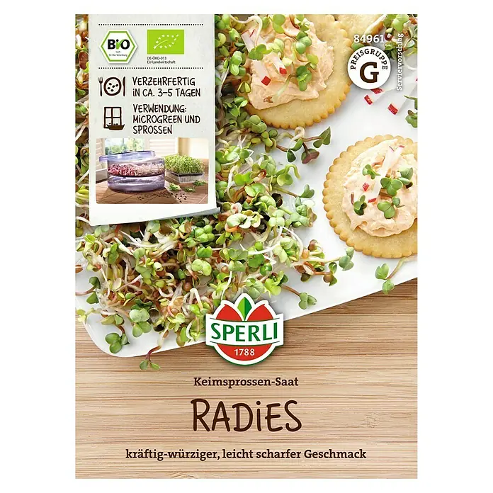 Sperli Saatgut Keimsprossen - Radies (Raphanus sativus) - Packung Radieschen-Keimsprossen-Saat von Sperli, ideal für Microgreens und Sprossen, mit kräftig-würzigem Geschmack.