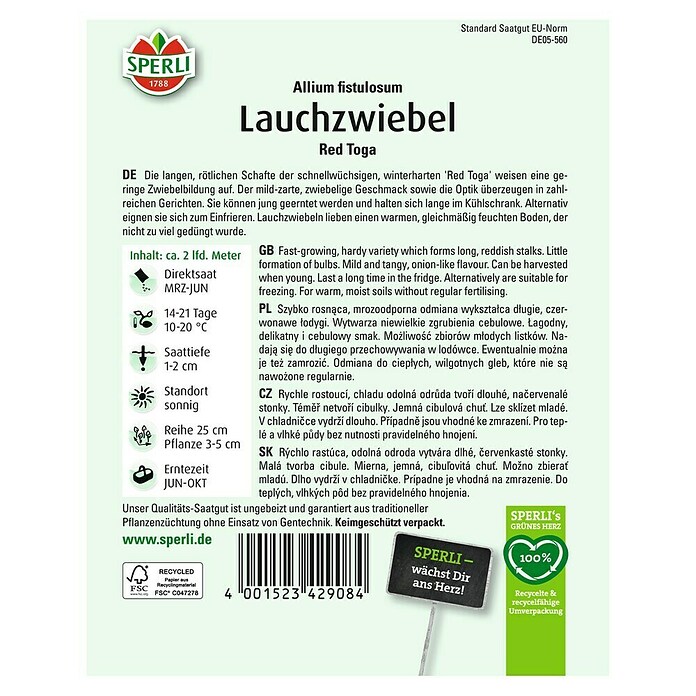 Sperli Gemüsesamen Lauchzwiebel Red Toga ((Allium fistulosum, Erntezeit: Juni, 20 m²) | BAUHAUS