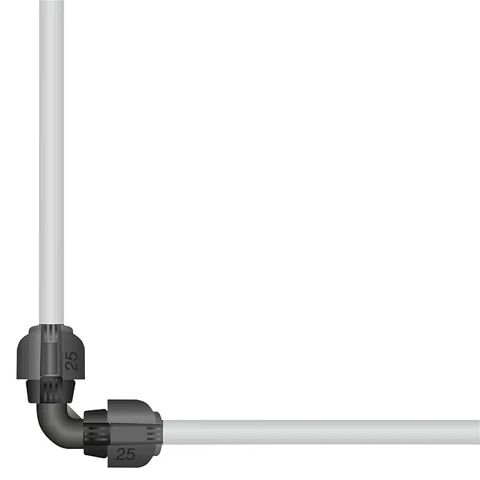Gardena Sprinklersystem L-Stück - Durchmesser: 25 mm - Ein naher Blick auf ein Eckstück-Rohrverbindungssystem mit der Nummer "25", das eine 90-Grad-Drehung ermöglicht.