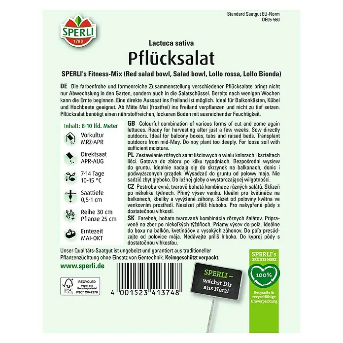 Sperli Salatsamen Pflücksalat - Lactuca sativa, Erntezeit: Mai, 1,3 g - SPERLI Pflücksalat-Samenmischung für einen farbenfrohen Salat, ideal für Garten und Balkon. Keimgeschützt und ohne Gentechnik.