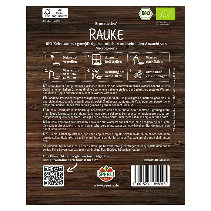 Sperli Saatgut Keimsprossen - Rauke (Eruca sativa) - Abbildung einer Samenpackung "Rauke" von Sperli, Bio-Keimsaat für Microgreens.