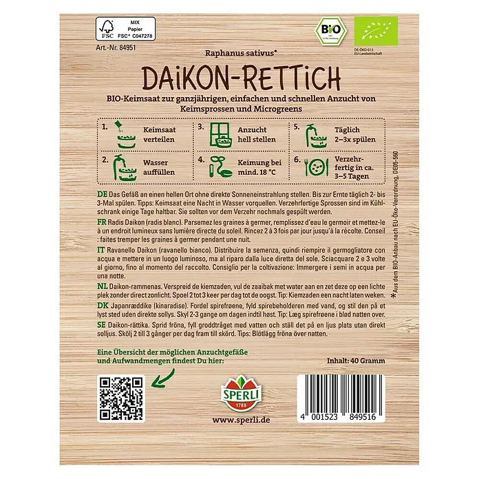 Sperli Saatgut Keimsprossen - Daikon-Rettich (Raphanus sativus) - Daikon-Rettich-Samenpackung. Bio-Keimsaat für die einfache und schnelle Anzucht von Keimsprossen und Microgreens.