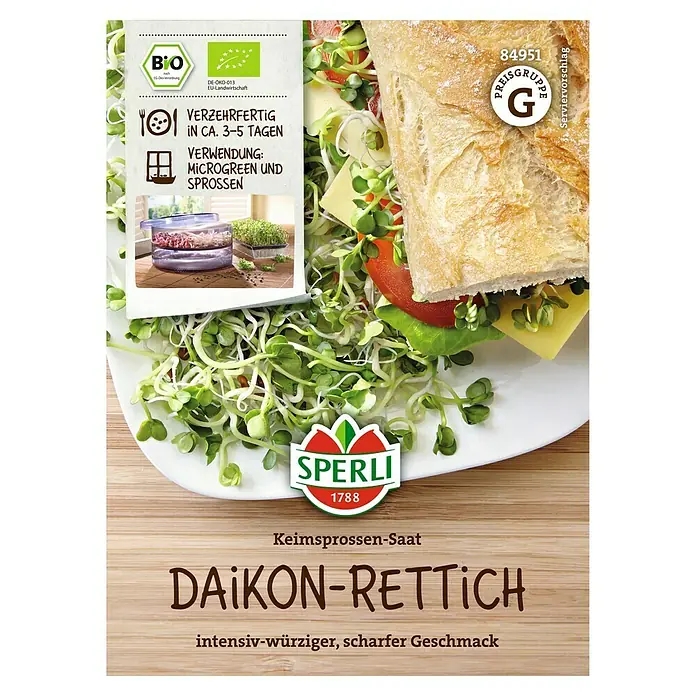 Sperli Saatgut Keimsprossen - Daikon-Rettich (Raphanus sativus) - Abbildung von Sperli Daikon-Rettich Keimsprossen-Saat, intensiv-würziger, scharfer Geschmack, ideal für die Zubereitung von Microgreens und Sprossen.