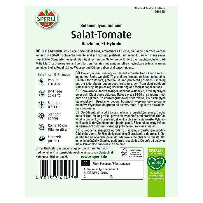 Sperli Gemüsesamen Salat-Tomaten - Solanum lycopersicum, Saatzeit: Februar, Erntezeit: Juli - Bild einer Saatguttüte 'Salat-Tomate Harzfeuer F1-Hybride' von Sperli, ideal für süße, aromatische Früchte im Garten.