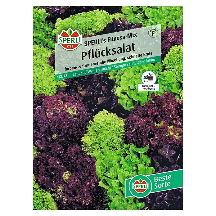 Sperli Salatsamen Pflücksalat - Lactuca sativa, Erntezeit: Mai, 1,3 g - Abbildung einer Samenpackung "SPERLI's Fitness-Mix Pflücksalat", eine farbenfrohe Mischung für eine schnelle Ernte.