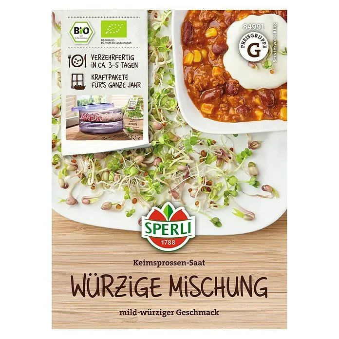 Sperli Saatgut Keimsprossen - Würzige Mischung - Produktabbildung von Sperli's würziger Keimsprossen-Saat-Mischung, ideal für eine milde und aromatische Geschmacksnote in Ihren Gerichten.