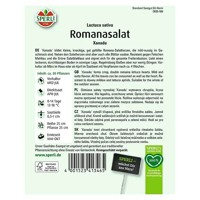 Sperli Gemüsesamen Romanasalat - Lactuca sativa, Saatzeit: März, Erntezeit: Mai - SPERLI Romanasalat 'Xanadu' Saatgutpackung. Für knackige, mild-nussige Salatherzen, resistent gegen Mehltau und Blattläuse.