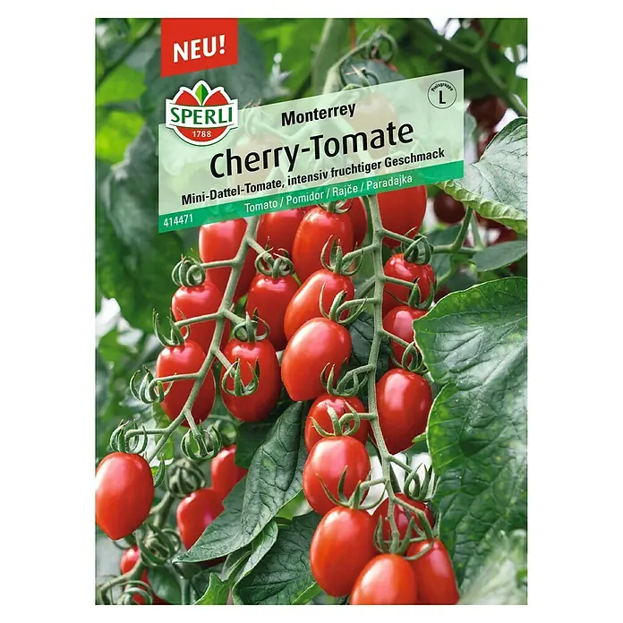 Sperli Gemüsesamen Cherrytomaten - Solanum lycopersicum, Saatzeit: Februar, Erntezeit: Juli - Bild von "Monterrey Cherry-Tomate" Samenpackung von Sperli, mit Mini-Dattel-Tomaten und intensivem fruchtigen Geschmack.