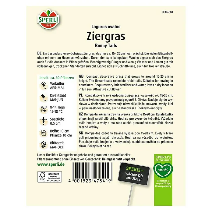 Sperli Saatgut Ziergras - Lagurus ovatus, 0,1 g - SPERLI Ziergras 'Bunny Tails' Samenpackung. Kompaktes Ziergras für sonnige Standorte, ideal für Rabatten und Kübel.