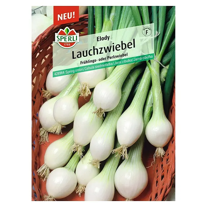 Sperli Gemüsesamen Lauchzwiebel Elody - Allium cepa, Erntezeit: April - Die Samenpackung von Sperli Elody Lauchzwiebel: Frühlingszwiebeln für den Garten.