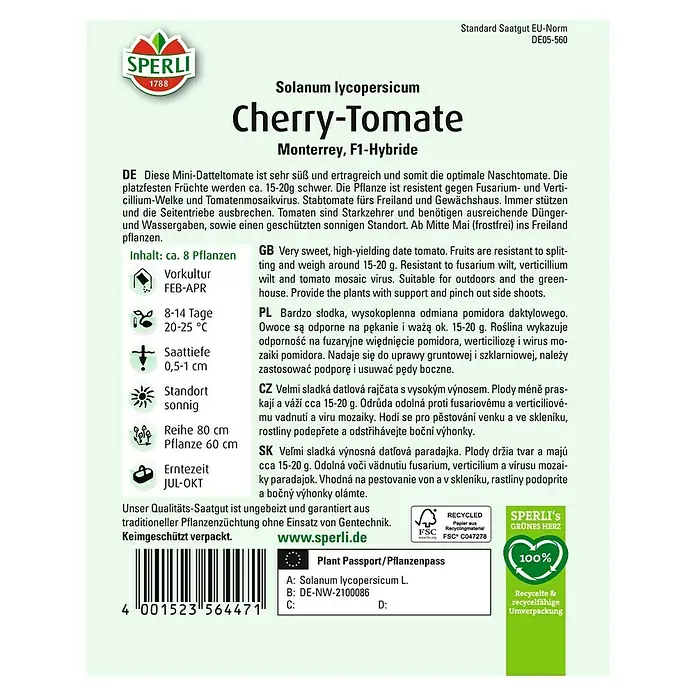 Sperli Gemüsesamen Cherrytomaten - Solanum lycopersicum, Saatzeit: Februar, Erntezeit: Juli - Cherry-Tomatensamen "Monterrey F1-Hybride" von Sperli. Süße, ertragreiche Mini-Datteltomate, resistent gegen Krankheiten und ideal für den Naschgarten.