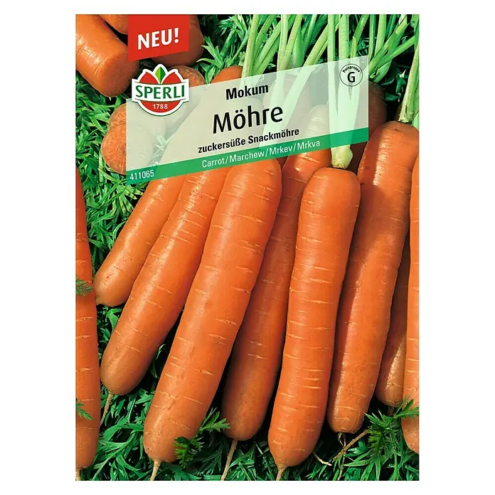 Sperli Gemüsesamen Möhre Mokum - Daucus carota 'Mokum', Erntezeit: Mai - Abbildung der Samenpackung 'Mokum Möhre' von Sperli, die süße Snackmöhren mit der Nummer 411065 enthält.