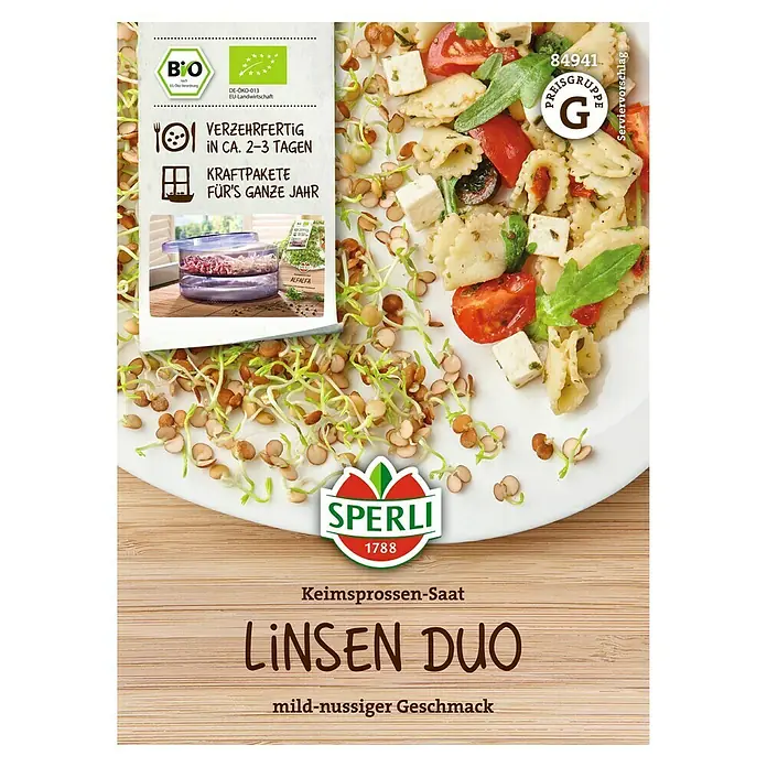 Sperli Saatgut Keimsprossen - Linsen Duo (Lens culinaris) - Produktfoto von Sperli Linsen Duo Keimsprossen-Saat, eine milde und nussige Saat für Sprossen.