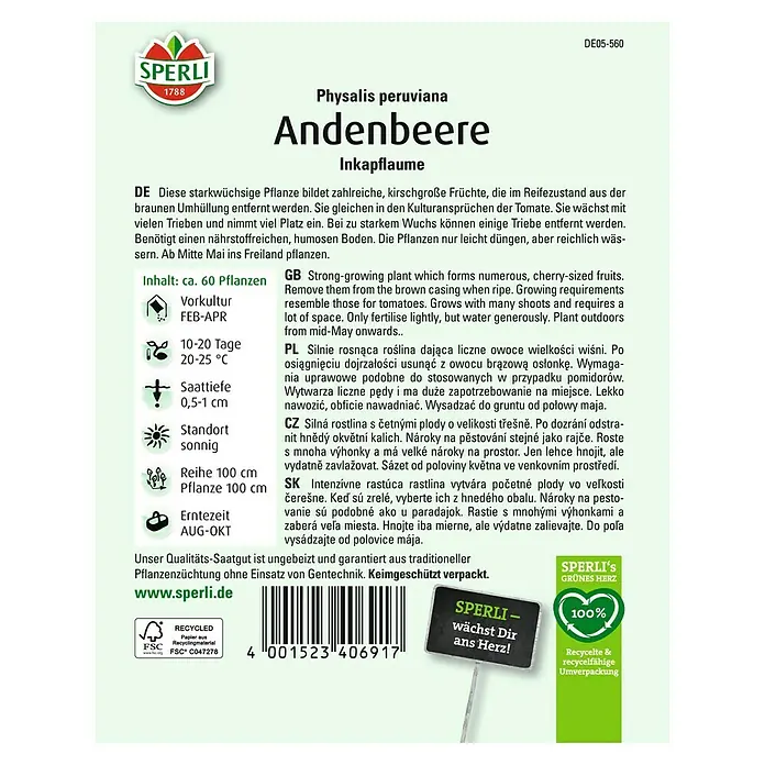 Sperli Obstsamen Andenbeeren - Physalis peruviana, Erntezeit: August - SPERLI Andenbeere Samenpackung. Diese SPERLI Samenpackung enthält Samen für Andenbeeren, eine köstliche und exotische Frucht.