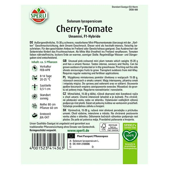 Sperli Gemüsesamen Cherrytomate Umamini - Solanum lycopersicum, Erntezeit: Juli - SPERLI Cherry-Tomate Umamini F1-Hybride: Süße, rosafarbene Mini-Pflaumentomate für Garten und Balkon.