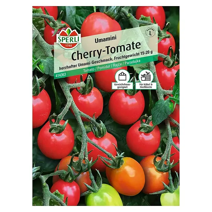 Sperli Gemüsesamen Cherrytomate Umamini - Solanum lycopersicum, Erntezeit: Juli - Abbildung der Samenpackung "Umamini Cherry-Tomate" von Sperli, die herzhafte Umami-Tomaten mit einem Gewicht von 15-20 g verspricht.