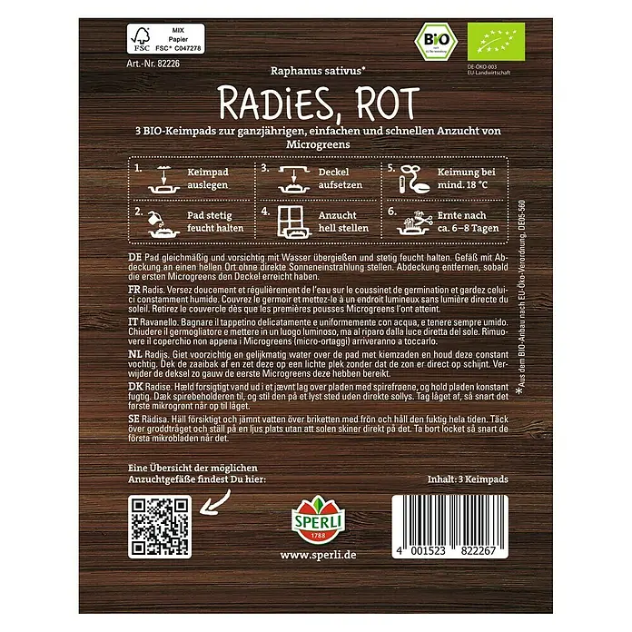 Sperli Saatgut Keimsprossen - Radies Pads (Raphanus sativus) - Bild einer Radieschen-Samenpackung mit Anweisungen zum Anbau von Microgreens mit 3 Bio-Keimpads.