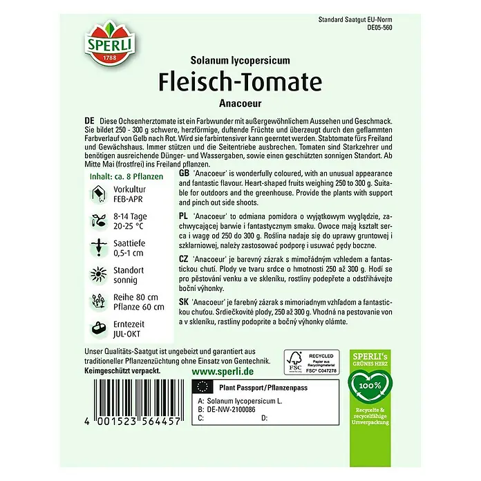 Sperli Gemüsesamen Fleischtomaten Ochsenherz bunt - Solanum lycopersicum, Saatzeit: Februar, Erntezeit: Juli - Abbildung der Samenpackung für Fleisch-Tomaten "Anacoeur" von Sperli.
