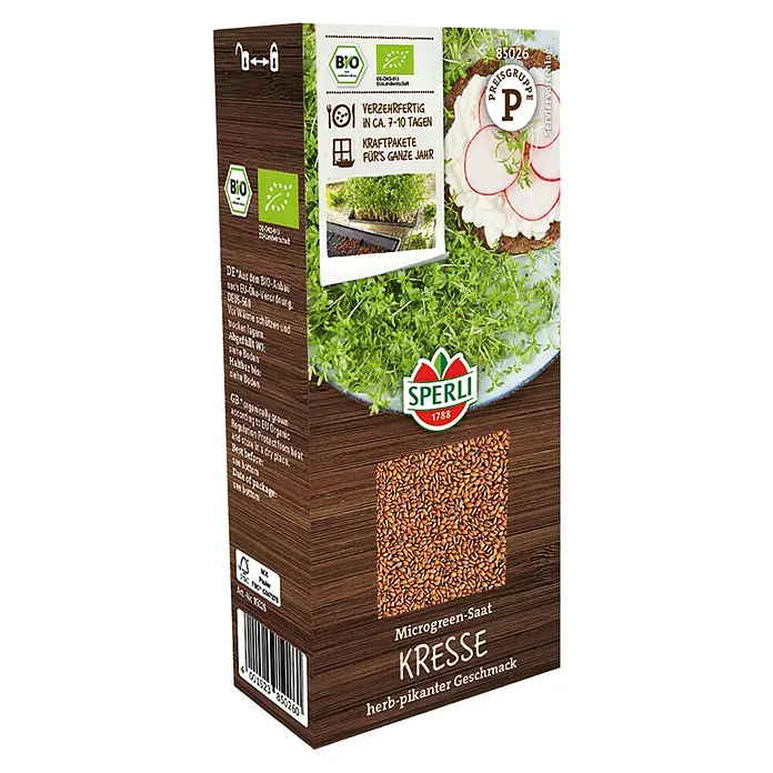 Sperli Saatgut Keimsprossen - Kresse (Lepidium sativum) - Bild einer Samenpackung mit der Aufschrift "Microgreen-Saat Kresse", die biologisch angebaut wurde und einen würzig-scharfen Geschmack hat.